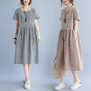 Short-sleeve Check Panel Midi A-line Dress