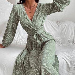 Long-sleeve Dotted Tie-waist Midi A-line Dress