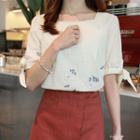 Square-neck Flower-embroidered Blouse