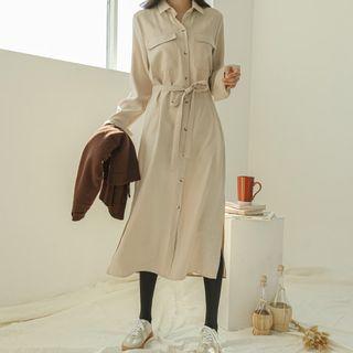 Flap-pocket Maxi Shirtdress With Sash