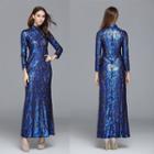 Long-sleeve Sequined Sheath Evening Gown