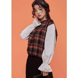 Ruffled Contrast-sleeve Wool Blend Plaid Top