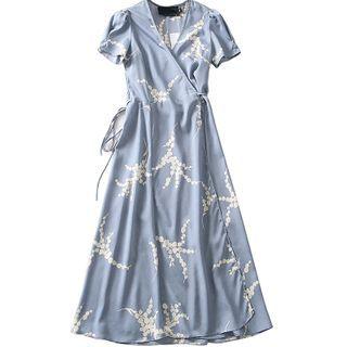 Patterned Short-sleeve Midi A-line Wrap Dress