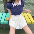Color-block Slim-fit Short-sleeve Knit Top / Plain High-waist Pleated Skirt