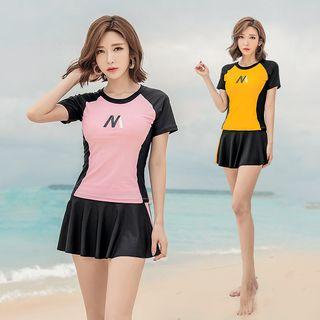 Set: Short-sleeve Lettering Rash Guard + Swim Skirt + Swim Shorts