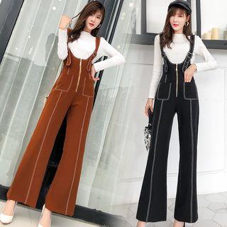 Wide-leg Zip Suspender Pants / Long-sleeve T-shirt / Set