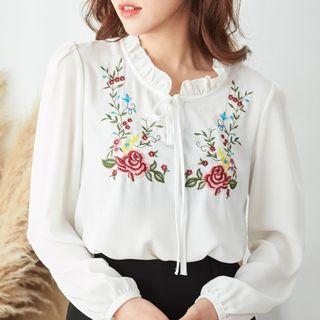 Bow-accent Frill Trim Floral Embroidered Blouse Off-white - One Size