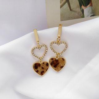 Rhinestone Leopard Print Heart Drop Earring / Clip-on Earring
