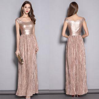 Sequined Ruched Sleeveless Evening Gown