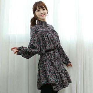 Cherry Print Mock-neck Tie-waist Dress