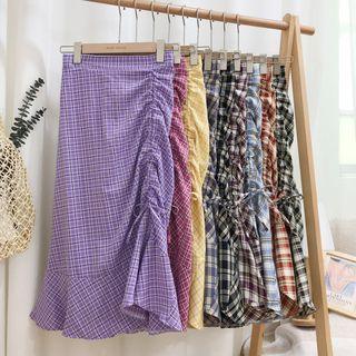 Plaid Drawstring Ruffle Hem Midi A-line Skirt