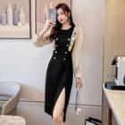 Long-sleeve Side-slit Ruffle Sheath Dress