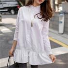 Mandarin-collar Long-sleeve Frill-hem Mini Shirtdress