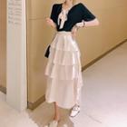 Set: Short-sleeve Tie-front T-shirt + Tiered Midi Skirt