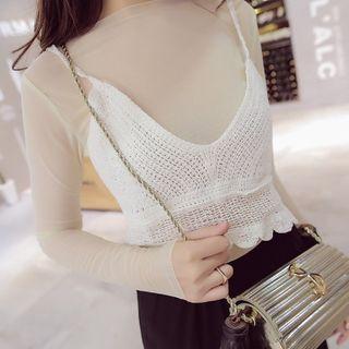 Set: Long Sleeve Mesh Top + Crochet Camisole Top