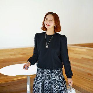 Tulle-overlay Plain Sweatshirt Black - One Size