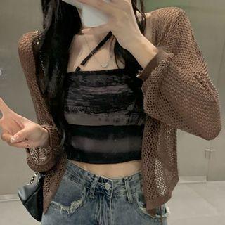 Printed Cropped Halter Top / Crochet Knit Cardigan