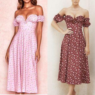 Off Shoulder Floral Print Ruffled-trim Long Dress