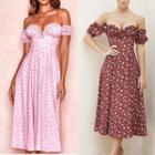 Off Shoulder Floral Print Ruffled-trim Long Dress