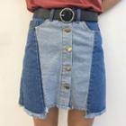 Buttoned Two-tone Denim Skirt
