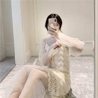 Set: Mesh Long-sleeve Dress + Floral Sleeveless Dress Almond - One Size