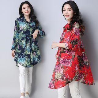 Long-sleeve Floral Print Long Shirt