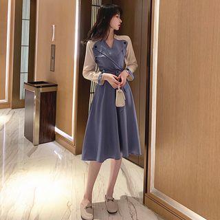 Long-sleeve Paneled Sashed Midi A-line Dress