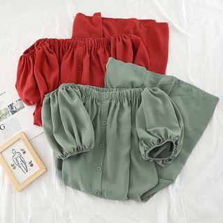 Buttoned Off-shoulder Short-sleeve Midi A-line Dress
