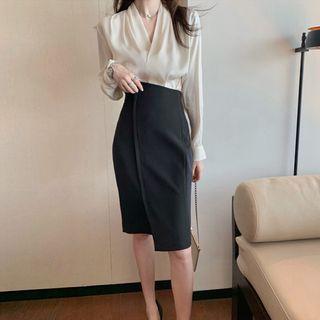 Set: Long-sleeve V-neck Satin Blouse + High-waist Asymmetrical Pencil Skirt