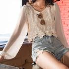 Puff-sleeve Perforated Cropped Blouse Almond - One Size