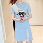 Cat Applique Lace Panel Short-sleeve T-shirt Dress