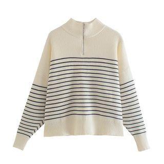 Long Sleeve Striped Zip-detail Loose-fit Sweater