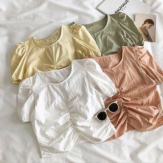 Plain Crewneck Frilled Puff-sleeve Top