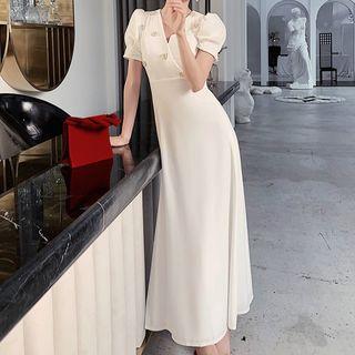 Faux Pearl Puff-sleeve A-line Evening Dress