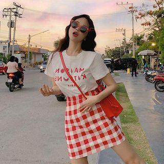 Short-sleeve Lettering Tee / Plaid Skirt