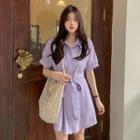 Tie-waist Short-sleeve Mini Shirtdress Purple - One Size