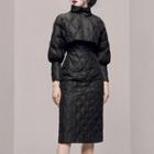 Set: Mock-neck Quilted Cropped Jacket + Sleeveless Midi Sheath Dress