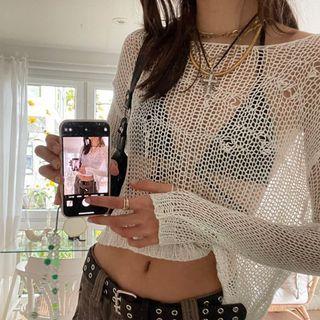 Long-sleeve Crew-neck Perforated Crop Top