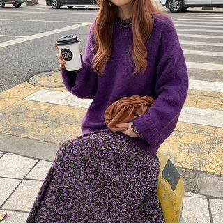 Floral Long-sleeve A-line Midi Dress Floral - Purple - One Size