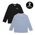Set Of 2: Stripe & Printed T-shirt Stripe - Lavender - One Size / Black - One Size