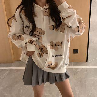 Bear Patterned Hooded Zip Jacket