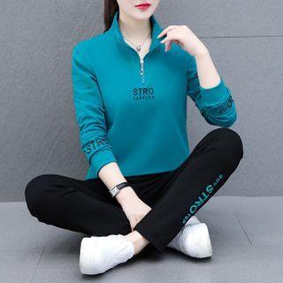 Set: Half-zip Lettering Sweatshirt + Straight-leg Sweatpants