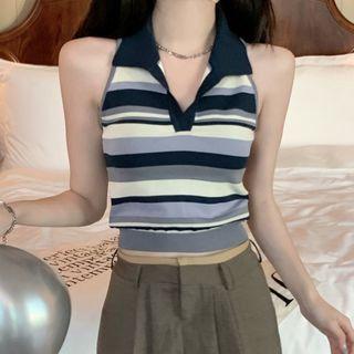 Striped V-neck Knit Top Stripe - One Size
