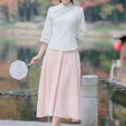 Set: 3/4-sleeve Hanfu Top + Midi A-line Skirt