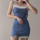 Spaghetti Strap Lace Trim Side-slit Mini Bodycon Dress