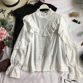 Embroidered Ruffle Trim Chiffon Blouse