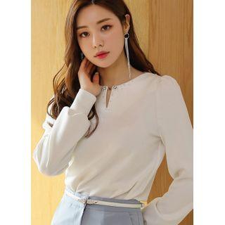 Faux-pearl Puff-sleeve Textured Top