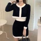 Long-sleeve Contrast Trim Buttoned Knit Crop Top / Mini Fitted Skirt