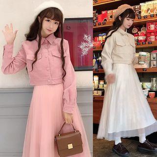 Plain Button Cropped Jacket/ Sleeveless Maxi Mesh-overlay A-line Dress