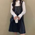 Long-sleeve Shirt / Faux Leather Pinafore Dress